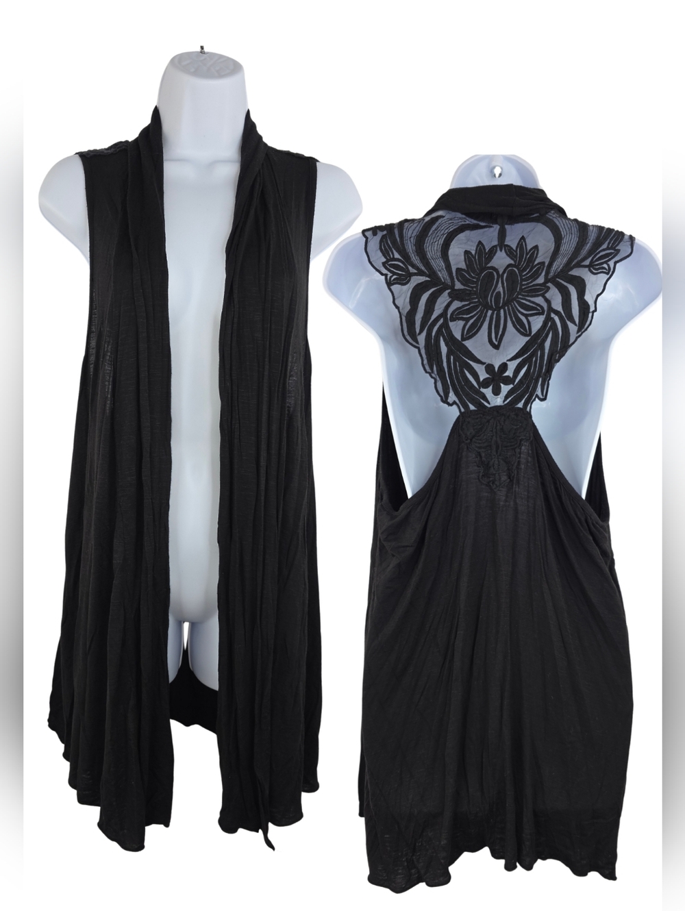 Maurices 1X Black Sleeveless Lace-Back Drape Cardigan 3529-AJ